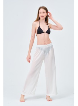 ŞİFON GENİŞ PAÇA PLAJ (PANTOLON) KREM  PAREO